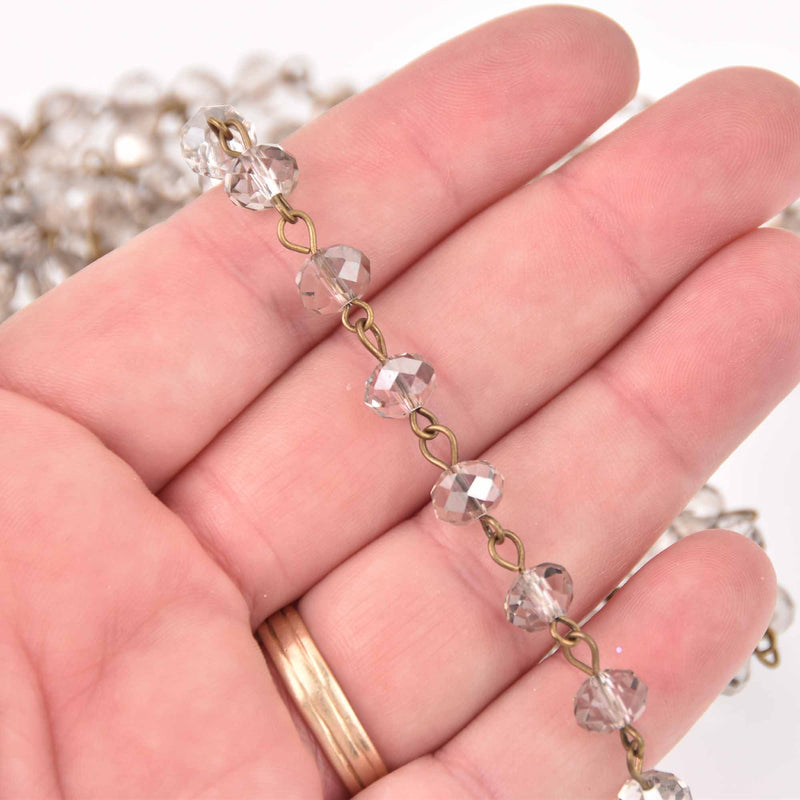 1 yard Smoke Crystal Rondelle Rosary Chain, bronze wire, 8mm faceted glass beads, fch1294a