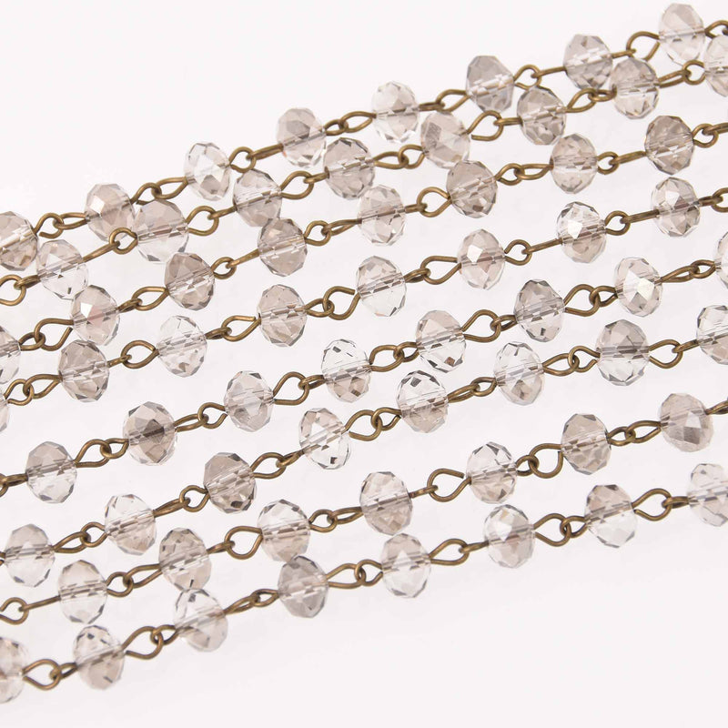 1 yard Smoke Crystal Rondelle Rosary Chain, bronze wire, 8mm faceted glass beads, fch1294a