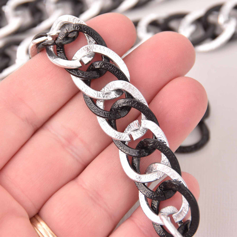 1 yard Black and Silver Link Chain, double curb links are 20x16mm fch1298a