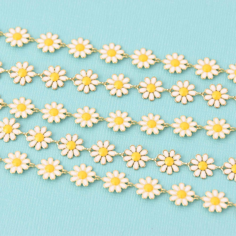 1 yard Gold Daisy Chain, White Enamel Flowers, Anklet Chain, Bracelet Chain, fch1301a
