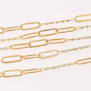 1 yard Gold Plated Paperclip Chain, Blue Beaded Chain, fch1303a