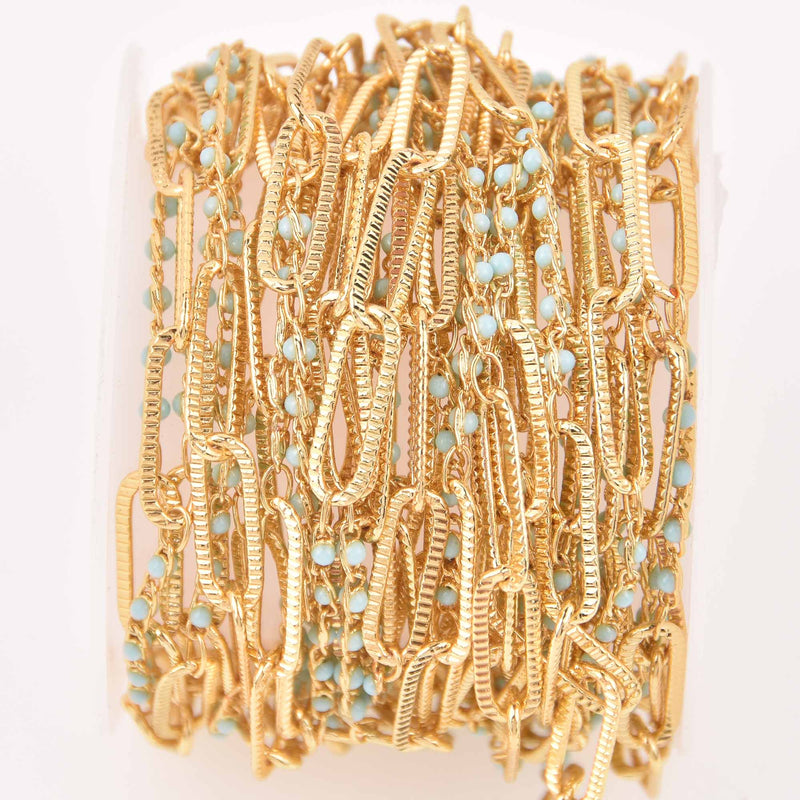 1 yard Gold Plated Paperclip Chain, Blue Beaded Chain, fch1303a