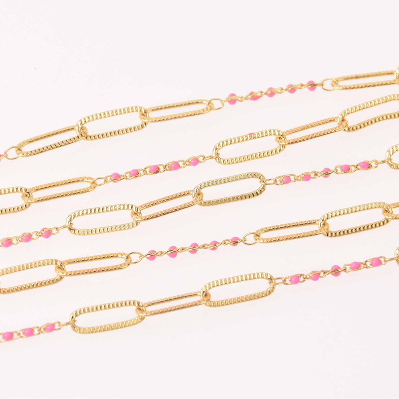 1 yard Gold Plated Paperclip Chain, Pink Beaded Chain, fch1304a