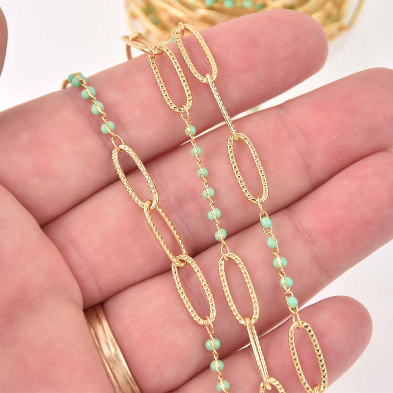 1 yard Gold Plated Paperclip Chain, Green Beaded Chain, fch1305a