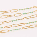 1 yard Gold Plated Paperclip Chain, Green Beaded Chain, fch1305a