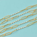 1 yard Gold Plated Paperclip Chain, White Beaded Chain, fch1306a