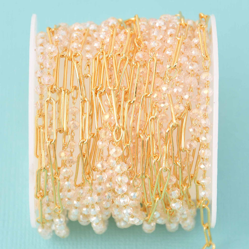 1 yard Gold Plated Paperclip Chain, Clear AB Beaded Chain, fch1307a