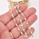1 yard Evil Eye Bead Chain, Gold and Blue Rosary Chain, 4mm, fch1308a