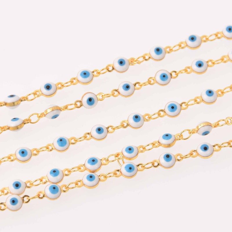 1 yard Evil Eye Bead Chain, Gold and Blue Rosary Chain, 4mm, fch1308a