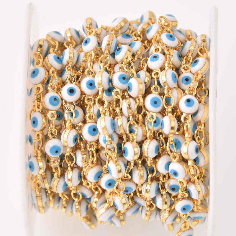 1 yard Evil Eye Bead Chain, Gold and Blue Rosary Chain, 4mm, fch1308a