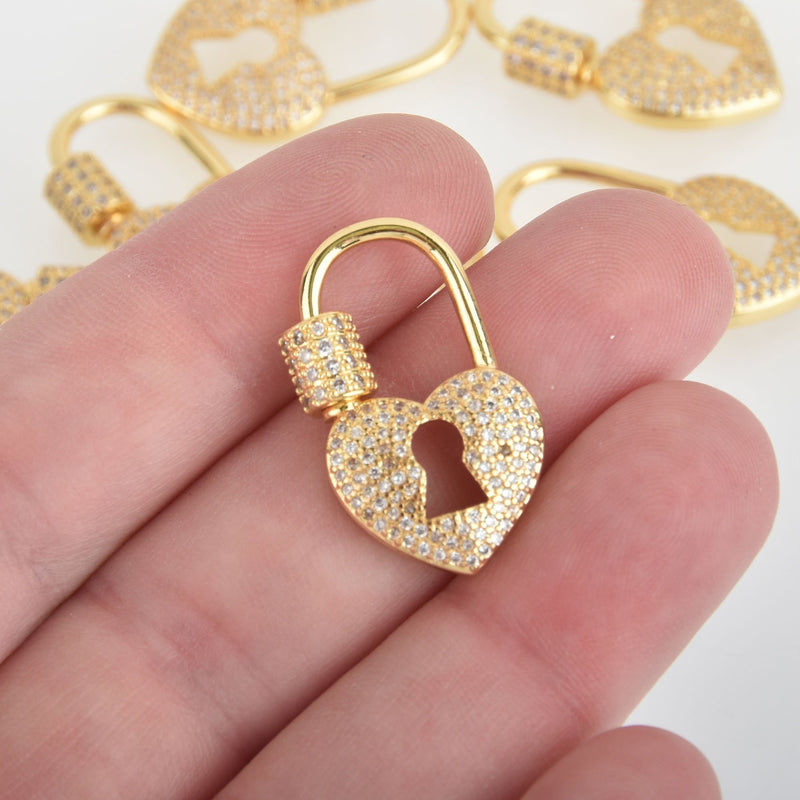 CZ Gold Micro Pave Carabiner Clasp, Heart Lock with Screw Clasp, 28mm fcl0339