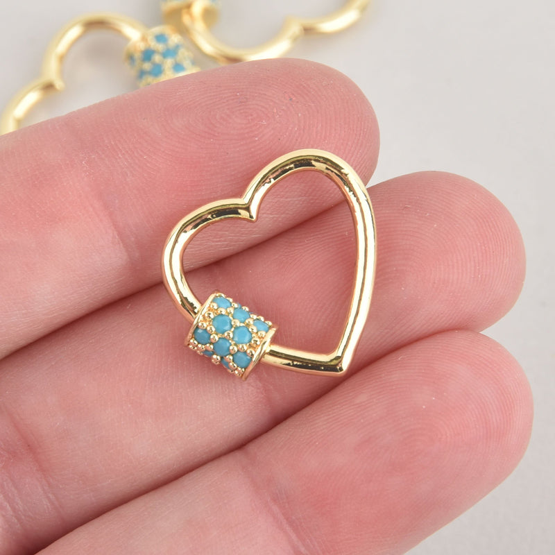 CZ Gold Micro Pave Carabiner Clasp, Heart with Turquoise Blue CZs and Screw Clasp, 20mm fcl0360