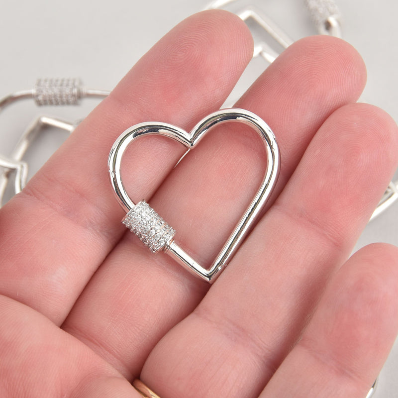CZ Silver Micro Pave Carabiner Clasp, Heart with Screw Clasp, 31mm fcl0364
