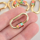 CZ Gold Carabiner Clasp, Oval with Rainbow Enamel and Screw Clasp, 28mm fcl0368