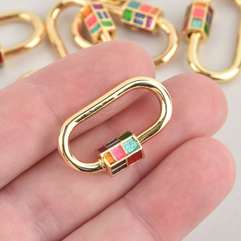 CZ Gold Carabiner Clasp, Oval with Rainbow Enamel and Screw Clasp, 28mm  fcl0368