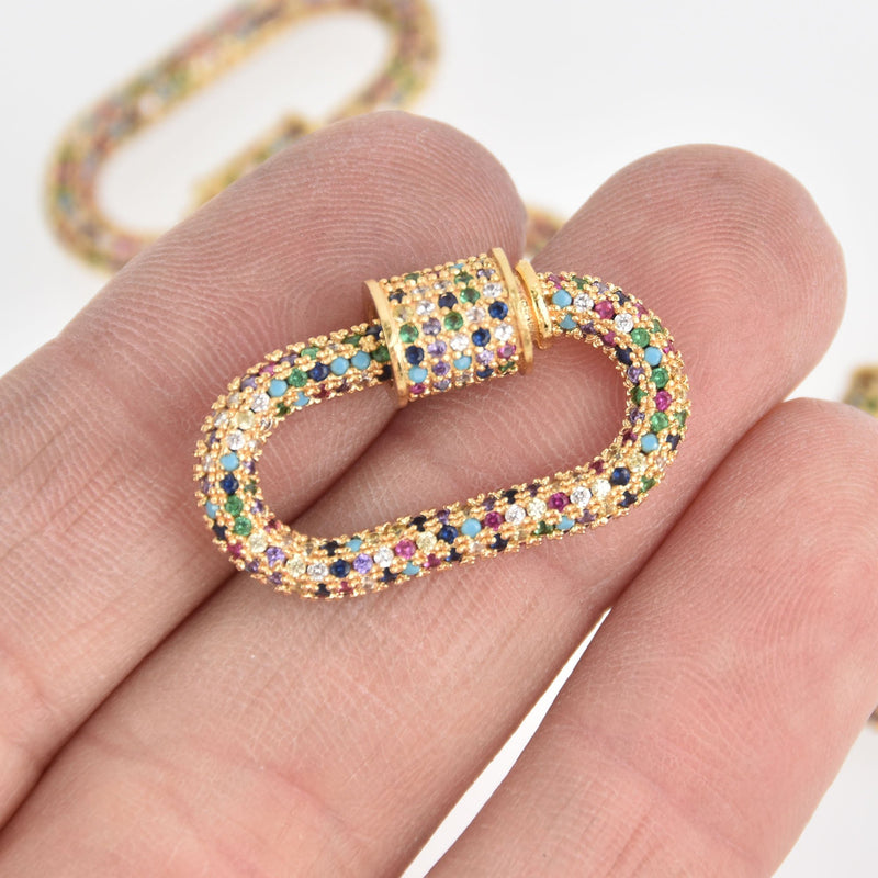 Rainbow CZ Gold Micro Pave Carabiner Clasp, Cubic Zirconia Crystals, Screw Clasp, 29mm fcl0370