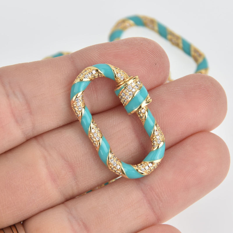 Turquoise Blue CZ Gold Micro Pave Carabiner Clasp, Screw Clasp, 33mm fcl0380