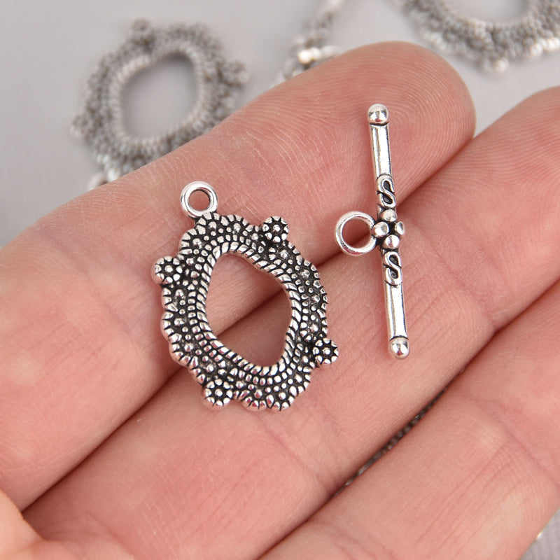 4 Sets Silver Toggle Clasps, oval, metal silver plated, fcl0390
