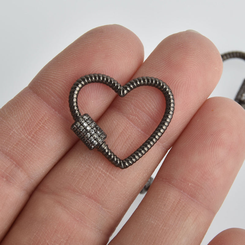 CZ Black Micro Pave Carabiner Clasp, Rope Heart with Clear CZs and Screw Clasp, 24mm fcl0396