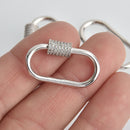 CZ Silver Micro Pave Carabiner Clasp, Oval with Clear CZs and Screw Clasp, 28mm fcl0403