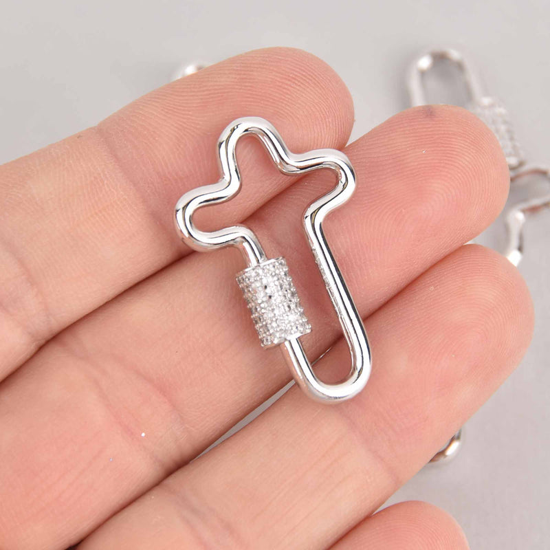 CZ Silver Micro Pave Carabiner Clasp, Cross with Screw Clasp, 26mm fcl0439