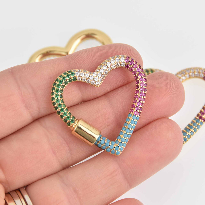 Rainbow CZ Gold Heart Micro Pave Carabiner Clasp, Cubic Zirconia Crystals, Screw Clasp, 35mm fcl0443