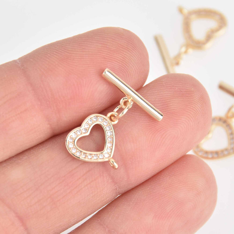 2 Gold Heart Toggle Clasp, Micro Pave Gold Plated, fcl0447