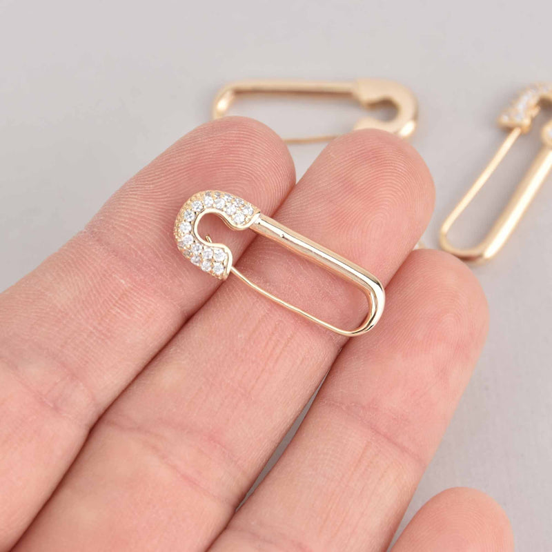 2 Gold Safety Pin Clasp, Micro Pave Gold Plated Charms, 27mm, fcl0448