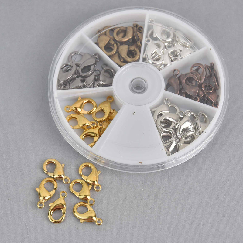 15mm Lobster Clasps, Mixed Metal Colors, in Round Storage Box, 60 clasps, fcl0463
