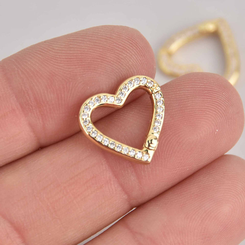 CZ Gold Micro Pave Heart Clasp, Clear CZs 16mm, fcl0475