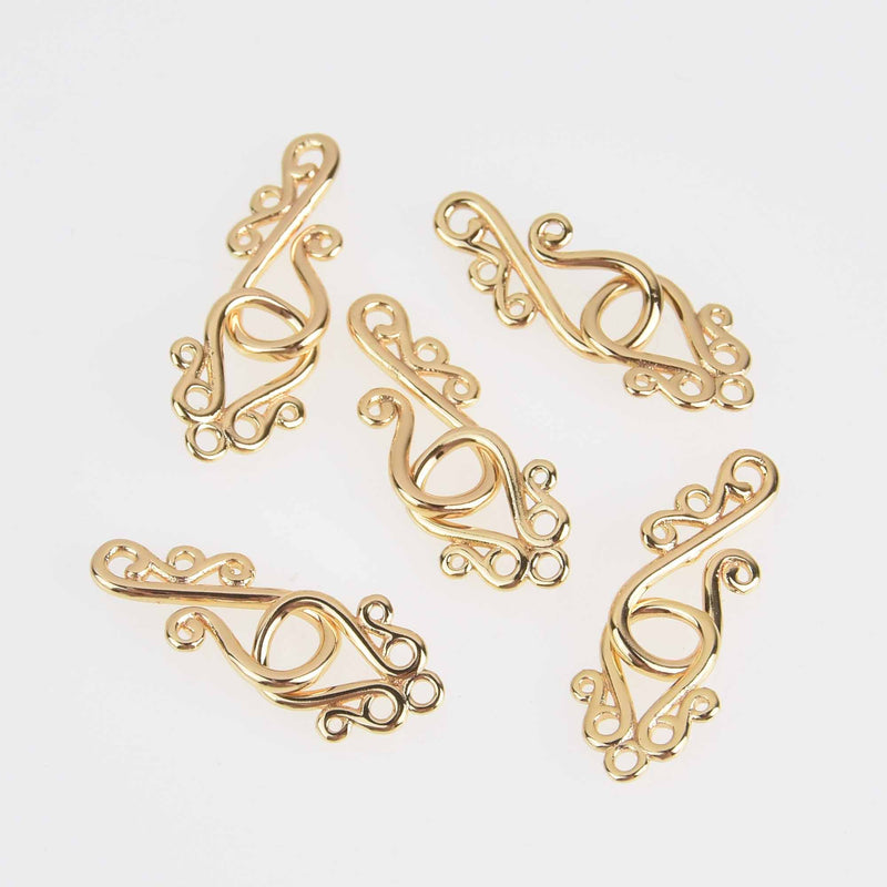 2 sets Hook Eye Clasps 18K Real Gold Plated 32mm x 10mm, fcl0477