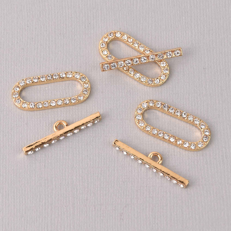 2 sets Crystal Oval Toggle Clasps, Gold Plate Metal, fcl0483