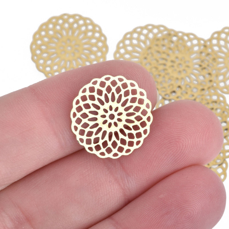 10 Gold Brass Filigree Round Shapes flat thin findings 18mm fil0069