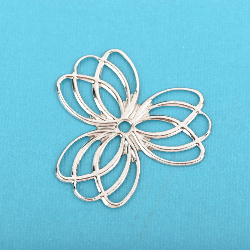 30 Bright Silver Metal Filigree Flat Wraps Connectors, Flower Shape, 37x35mm (1-1/4"x1-3/8")  fil0073