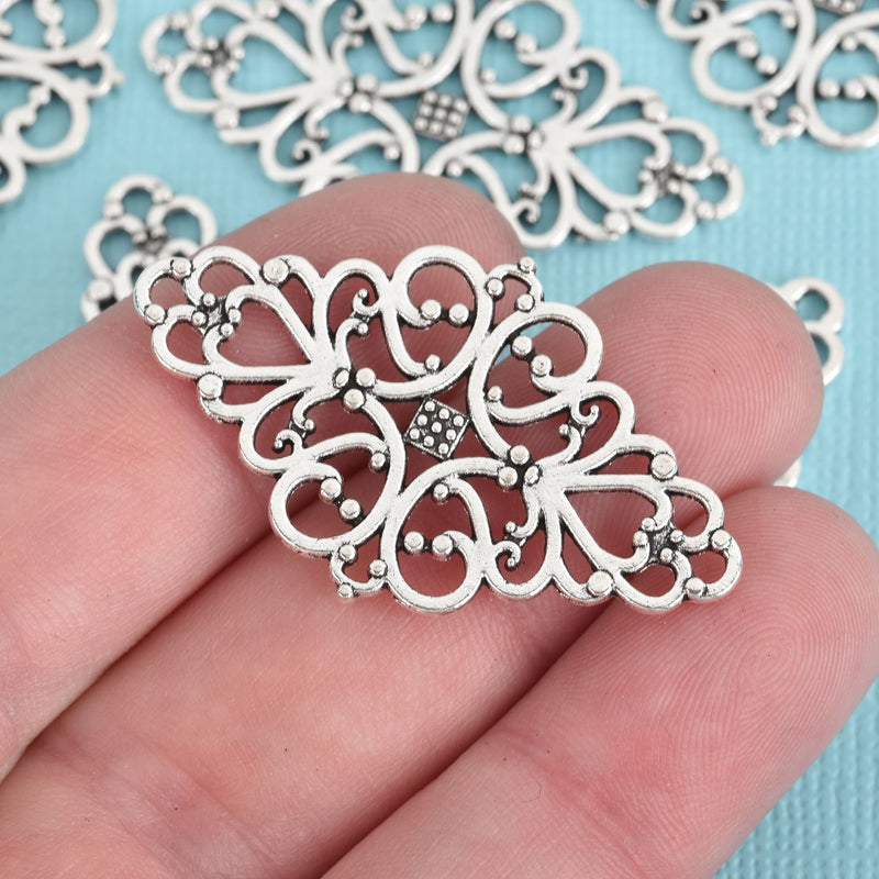 10 Silver Filigree Connector Charm Pendants, 42mm long, fil0077