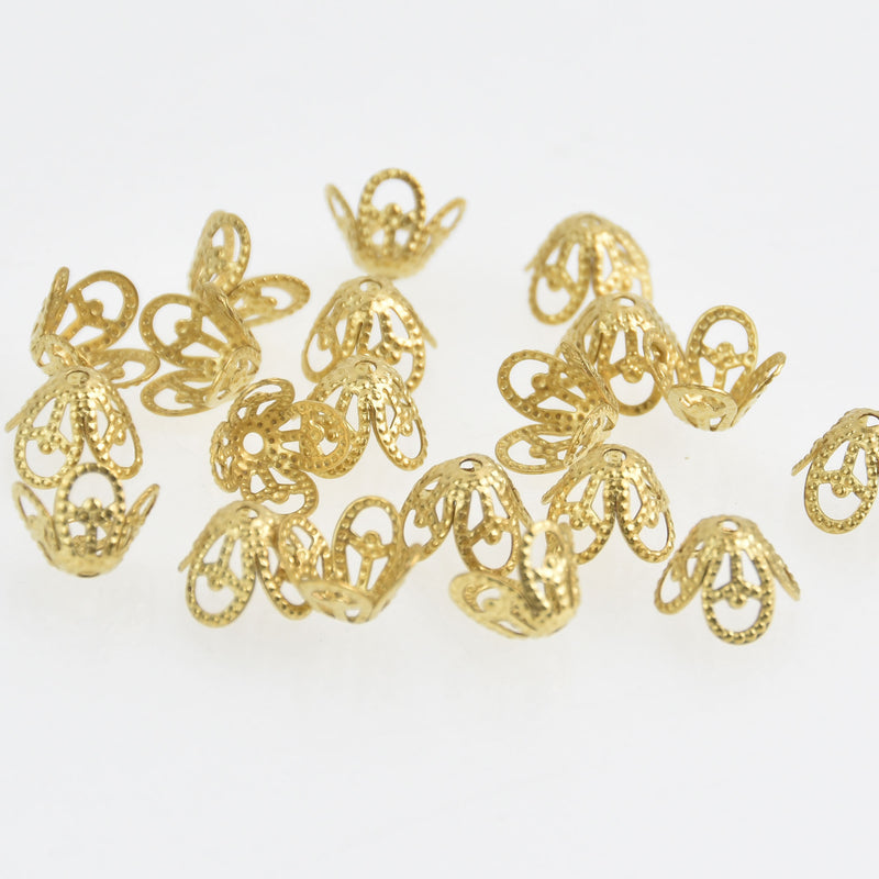 Small CONE BEAD CAPS 100 pc . Gold Brass. Tibetan Style Filigree fin01