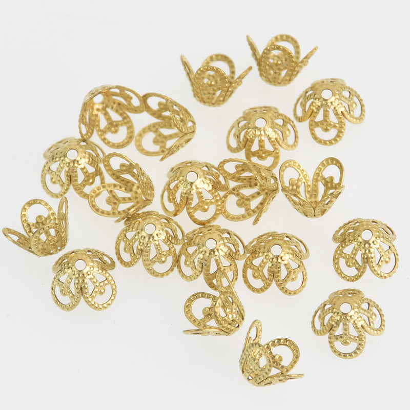 50 Small CONE BEAD CAPS Gold Brass. Tibetan Style Filigree fin0126