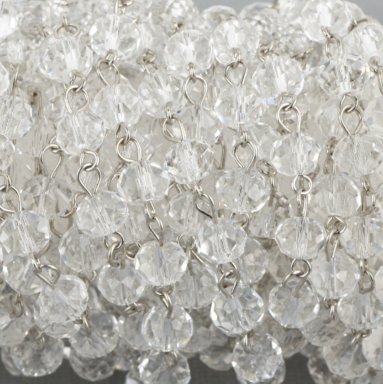 13 feet Crystal Rondelle Rosary Chain, silver, 8mm faceted rondelle glass beads, fch0241b