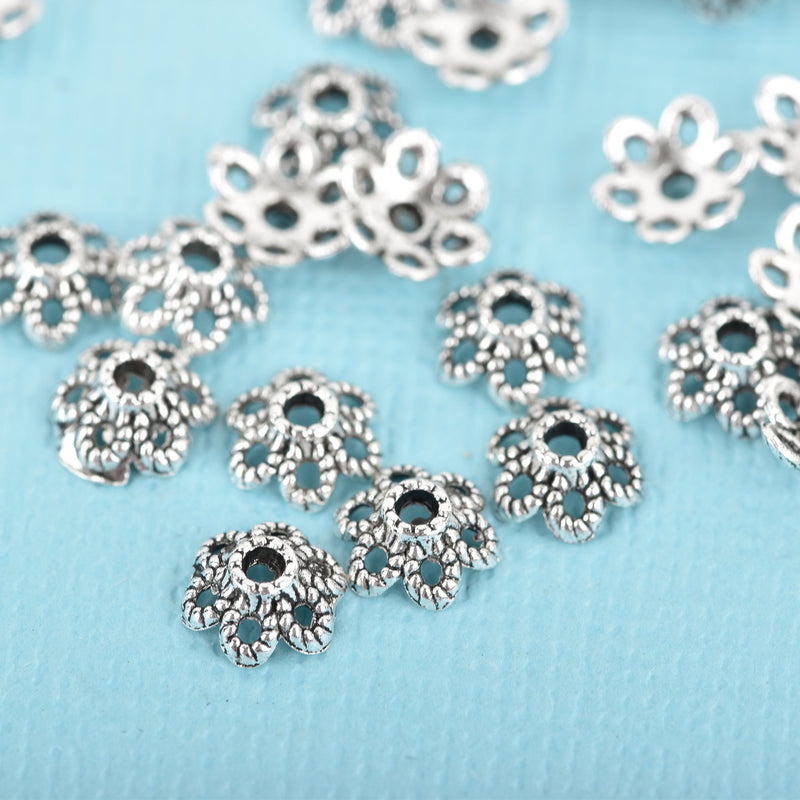 50 Filigree Flower Bead Caps, 6mm, fits beads 6mm to 12mm, Antique Silver FLOWER Metal Bead Caps, fin0687a