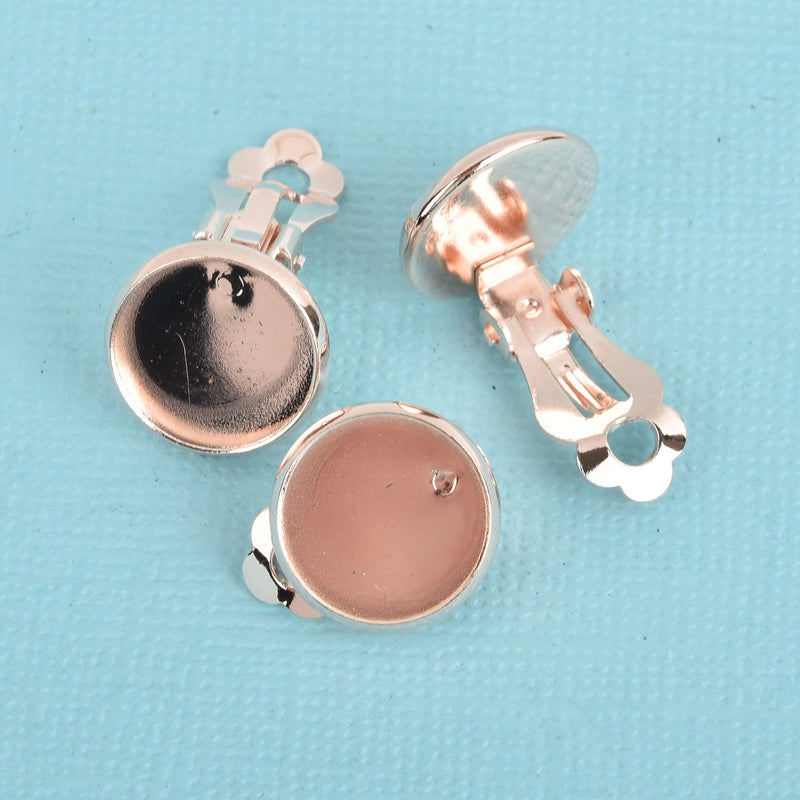 10 Rose Gold Plated Clip-On Earring Blanks, bezel tray fits 12mm round cabochons, fin0727
