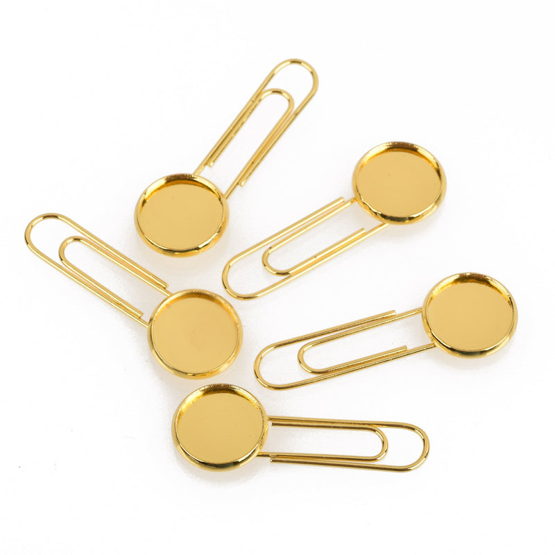 10 Gold Plated Paper Clip Blanks, fits 12mm (1/2") round cabochons, bezel tray, fin0732