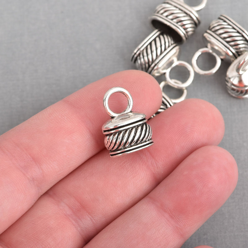 8 Silver Tassel Caps Striped Twisted Rope Design Leather Cord End Caps, Bails, Bead Caps, Fits 10mm cord, fin0754