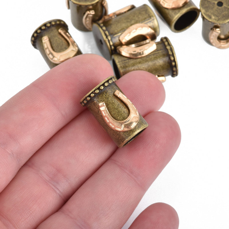 2 BRONZE Tassel Caps with GOLD Horseshoe Shotgun Shell Bullet fits 10mm fin0771