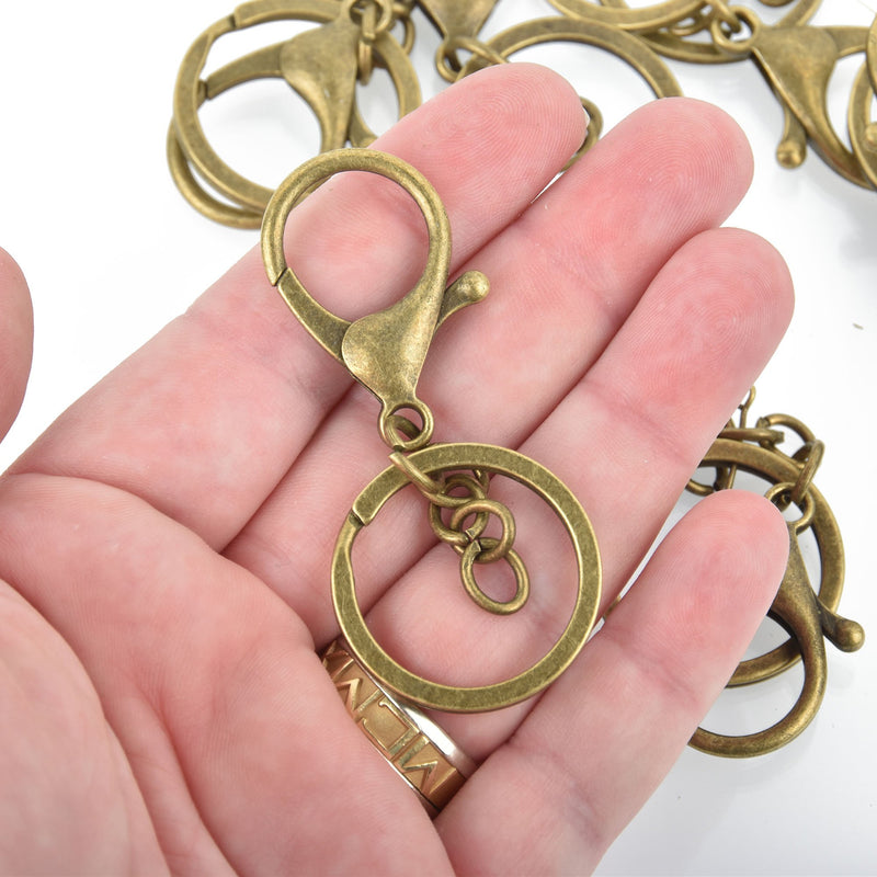 10 Large Bronze Keychains with Clasp, lobster clasp, chain for adding charms, fin0796