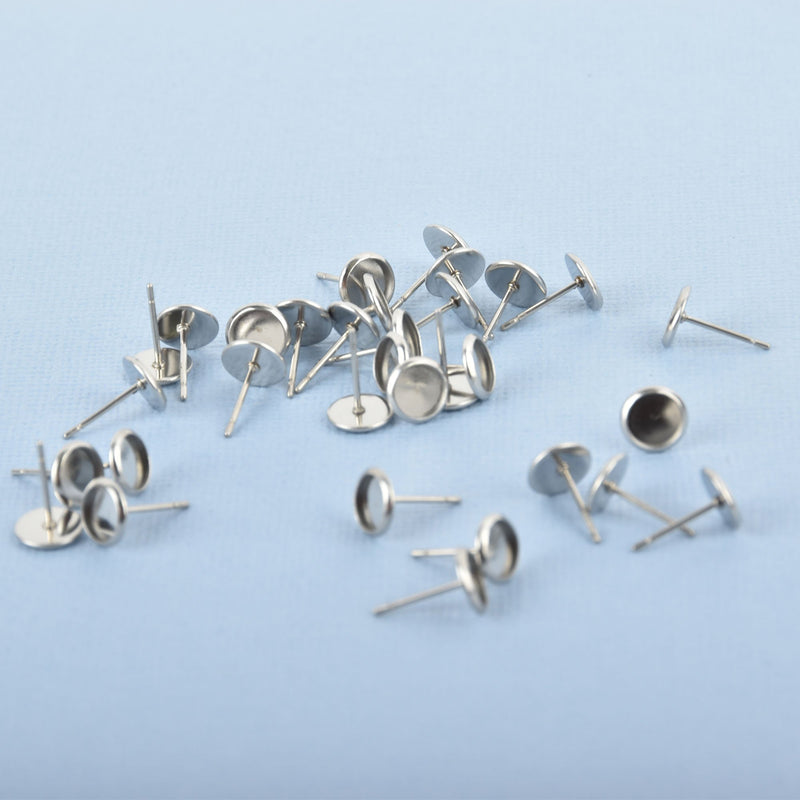 30 (15 pairs) stainless steel cabochon bezel setting earring post components, blanks fits 6mm round inside bezel Fin0798