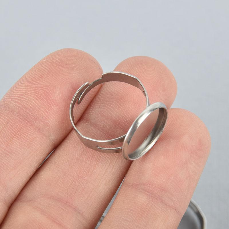 5 Stainless Steel Ring Blanks Bezel Tray fits 14mm round cabochon, adjustable sizing, fin0805