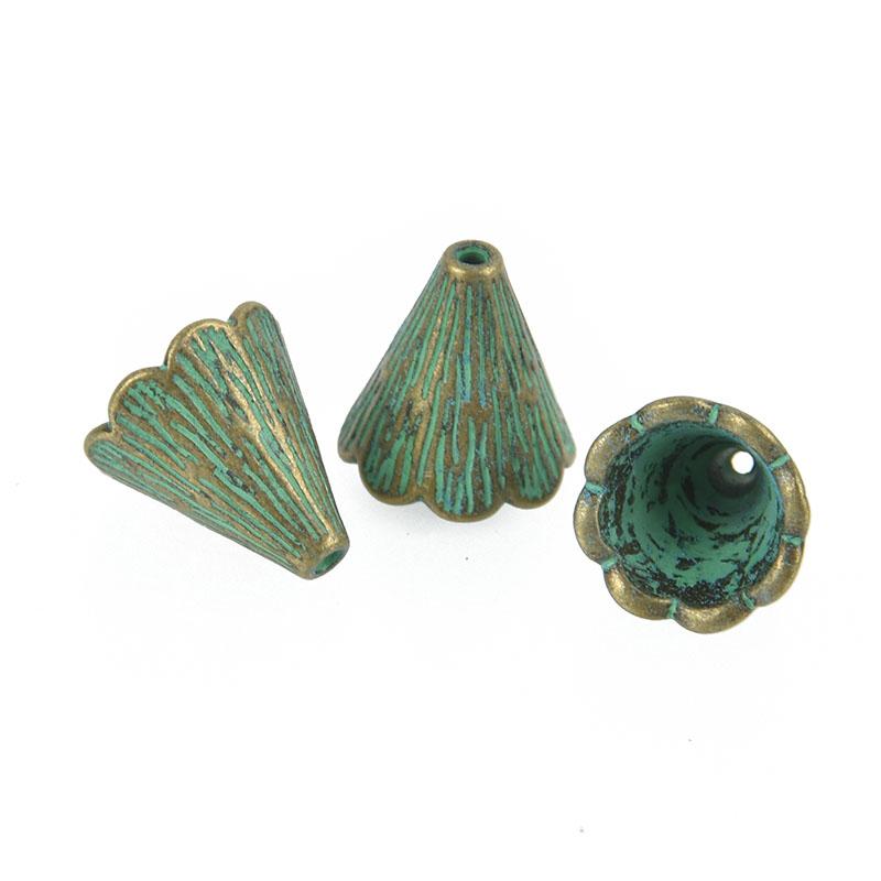 10 Bead Cones Bronze with Green Verdigris Patina fits 9mm fin0813