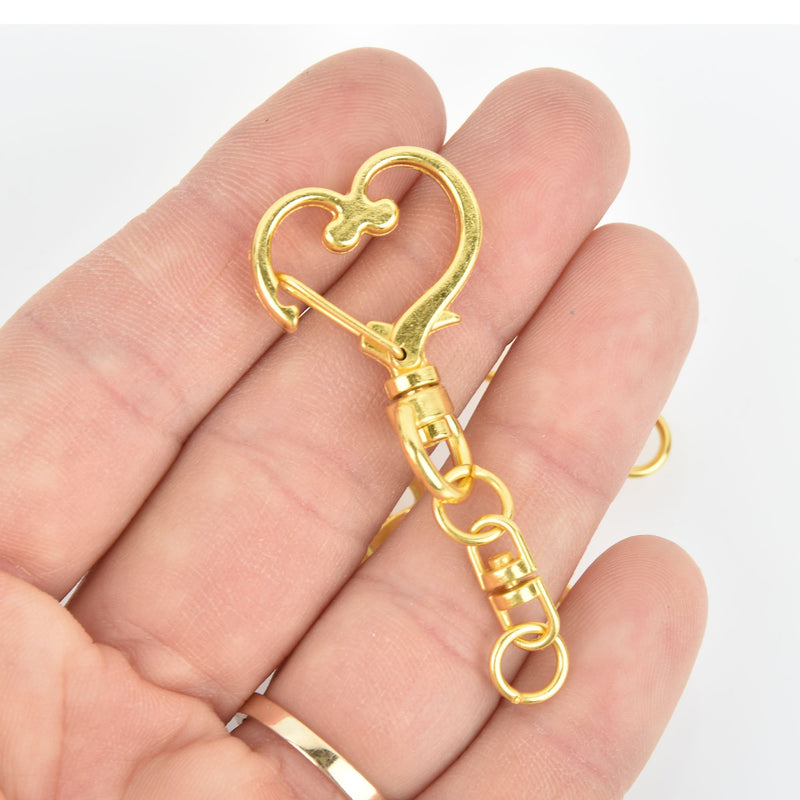 6 Gold Key Chains with Heart Clasp, swivel lobster key chain clasp fin0828