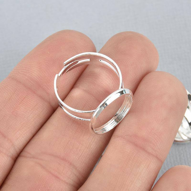 5 Silver Plated Ring Blanks Bezel Tray fits 14mm round cabochon, adjustable sizing, fin0856