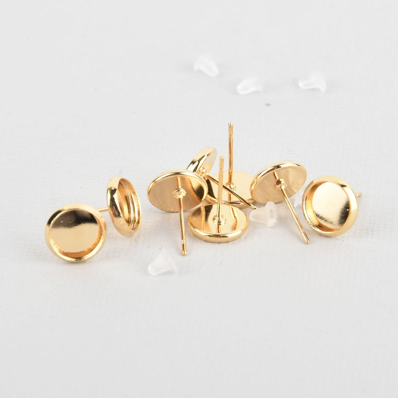 10 (5 pairs) gold plated post earrings, cabochon bezel setting fits 8mm round in bezel, fin0862